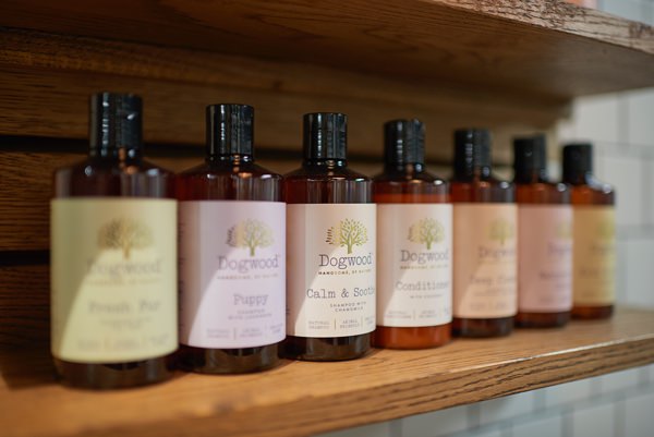 A selection of dogwood product bottles lined up on a shelf